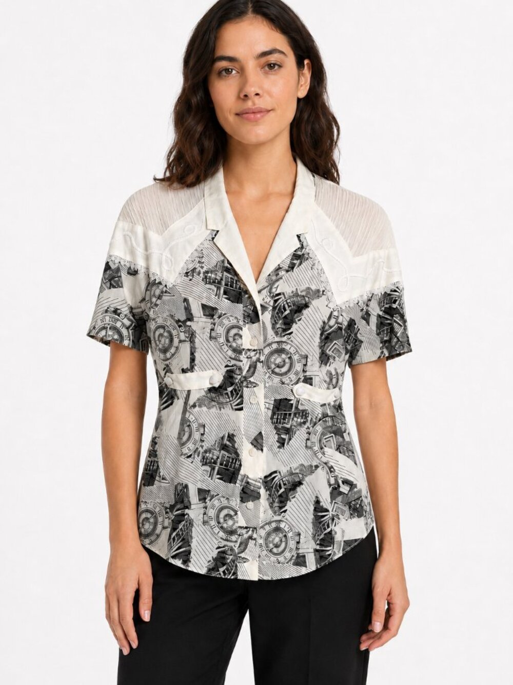Vintage Dion Clock Novelty Print Western Blouse Short Sleeve Off-White 90s
